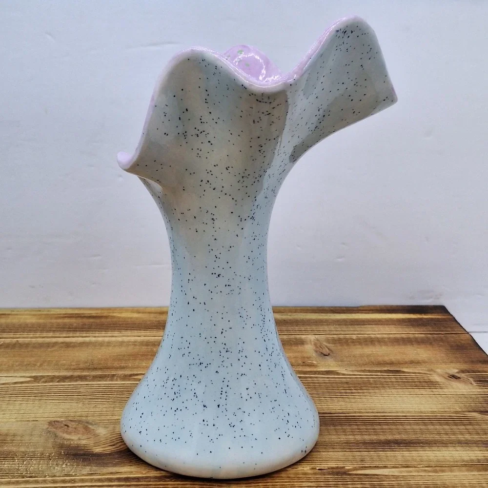 Art Ceramic Swung Vase‎ Artist Initials Speckled Grey  Pink Inside 8